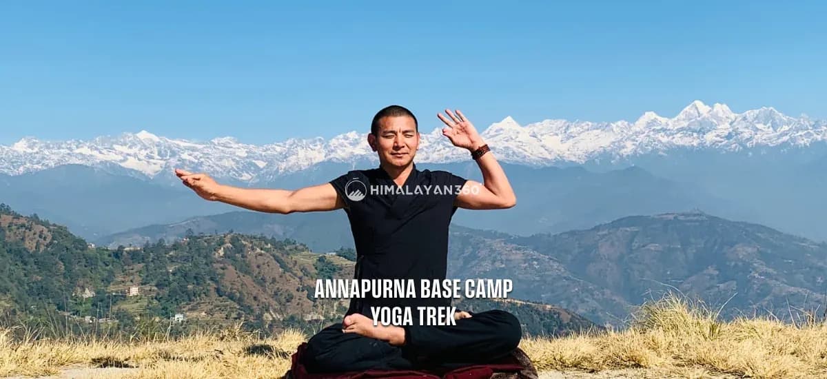 yoga practive infront of annapurna himalayan ranage
