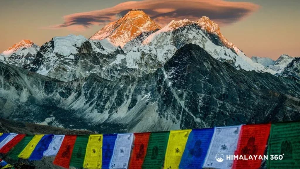 Everest Two Passes Trek Sunset View along with Prayer Flags