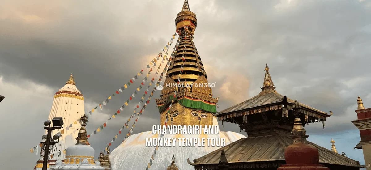 Golden stupa of Swayambhunath Monkey AKA Monkey Temple in Kathmandu with prayer flags during Chandragiri & Monkey day Temple Tour.