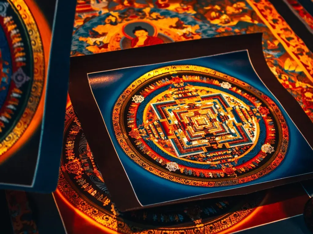 Vibrant and intricately detailed Tibetan Thangka painting showcasing religious and cultural motifs.