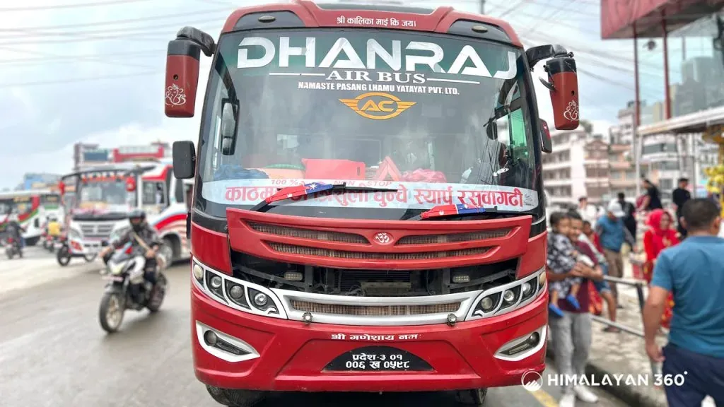 Bus from Kathmandu to Syabrubesi ready for departure.
