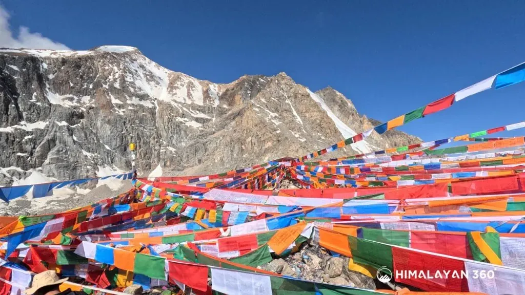 Colorful Bouddhist flag with diffrent Mantra are hanging by travellers during the Kailash Kora